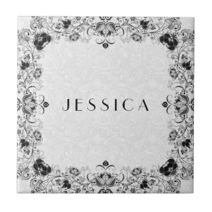 Schwarz-Weiß-Blumen-Rahmen Fliese