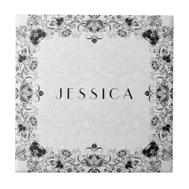Schwarz-Weiß-Blumen-Rahmen Fliese (Vorderseite)