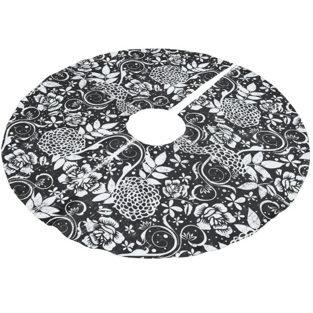 Schwarz-Weiß-Blumen-Weihnachtsrock Polyester Weihnachtsbaumdecke (Schrägansicht)