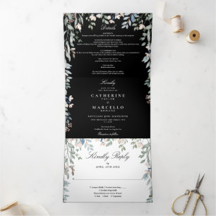 Schwarz-Weiß-Blumen-Wildblumen-Foto-Hochzeit Dreifach Gefaltete Einladung