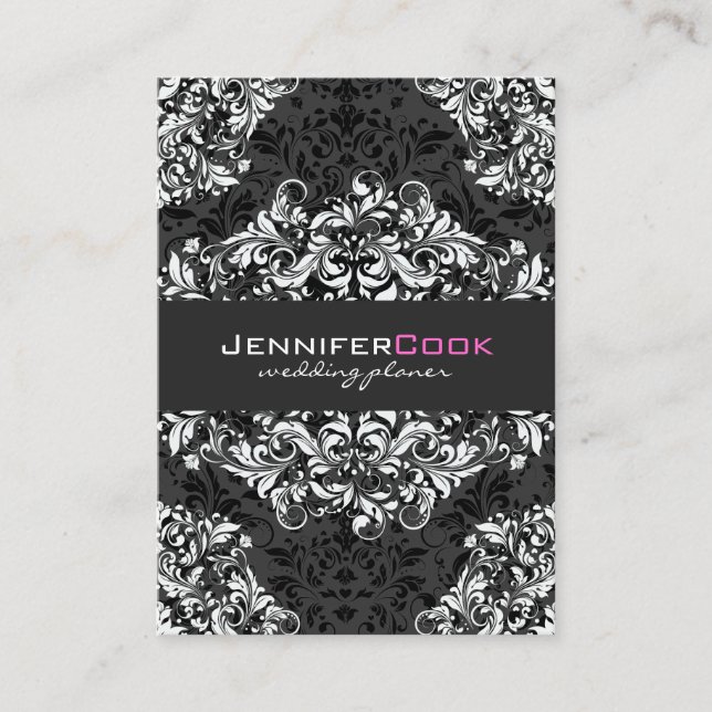Schwarz-Weiß-BlumenDamaskus 3 Hochzeitsplaner Visitenkarte (Vorderseite)