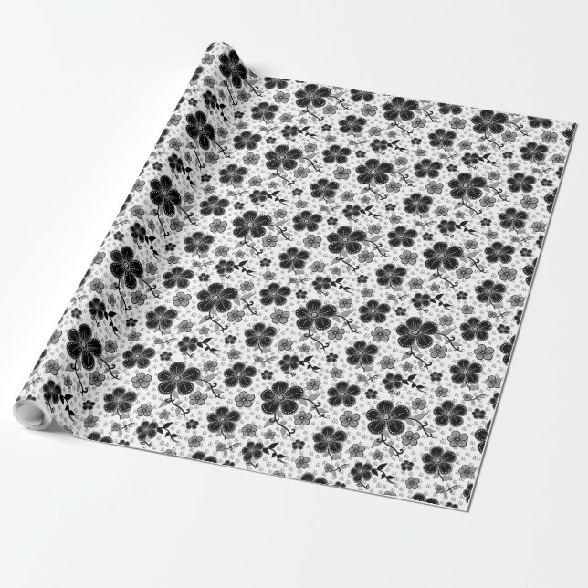 Schwarz-Weiß-Blumendruck Geschenkpapier (Ungerollt)