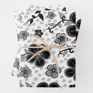 Schwarz-Weiß-Blumendruck Geschenkpapier Set