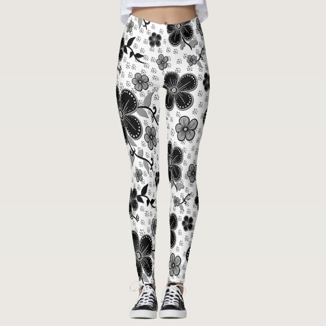 Schwarz-Weiß-Blumendruck Leggings (Vorderseite)