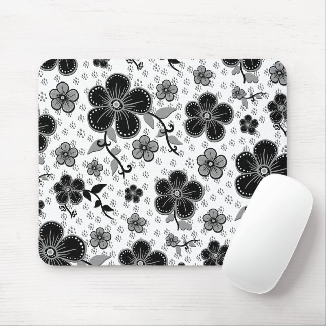 Schwarz-Weiß-Blumendruck Mousepad (Mit Mouse)