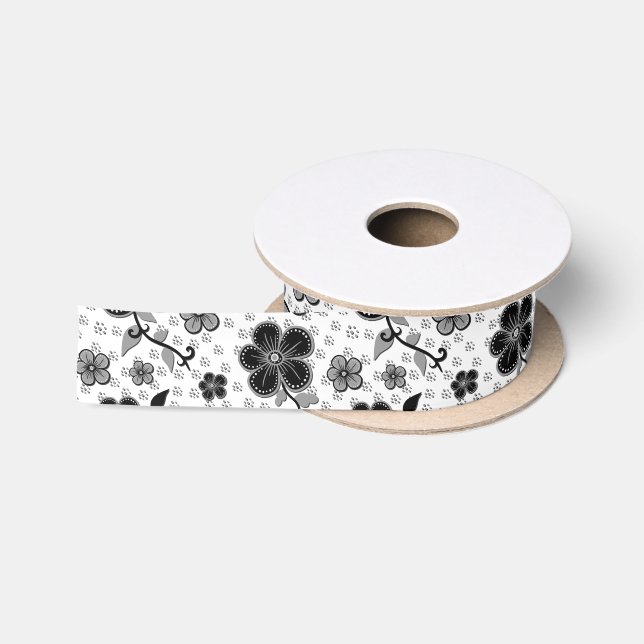 Schwarz-Weiß-Blumendruck Satinband (Spule)