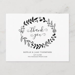 Schwarz-Weiß-Blumengarten Hochzeit Danke Postkarte