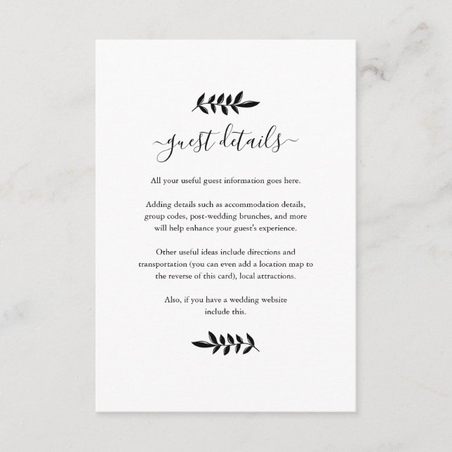 Schwarz-Weiß-Blumengarten Hochzeiten Details Begleitkarte (Vorderseite)