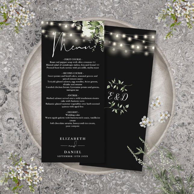 Schwarz-Weiß-Blumenlampen Hochzeitsessen Menükarte (Black And White Floral Lights Wedding Dinner Menu)