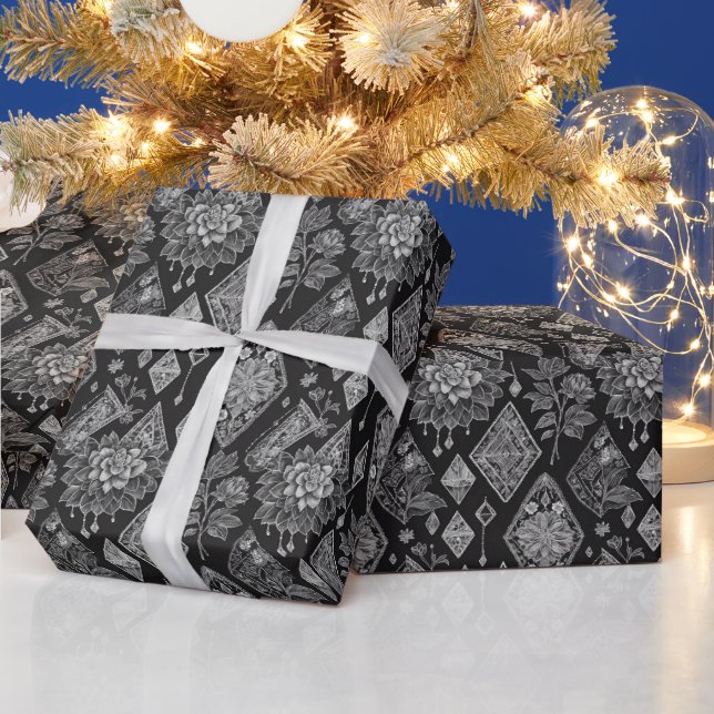 Schwarz-Weiß-Blumenlatte Geschenkpapier (Feiertage)
