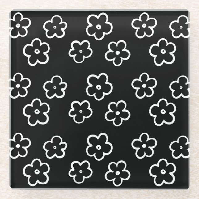 Schwarz-Weiß-Blumenmuster Glasuntersetzer (Vorderseite)