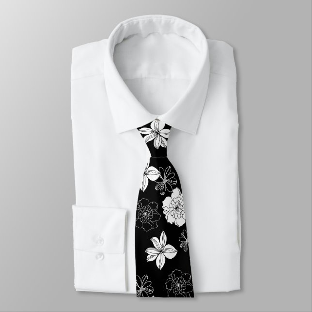 Schwarz-Weiß-Blumenmuster Krawatte (Gebunden)