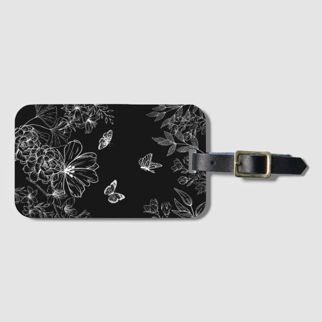 Schwarz-Weiß-Blumenmuster Minimalistisch Gepäckanhänger (Vorderseite (Horizontal))