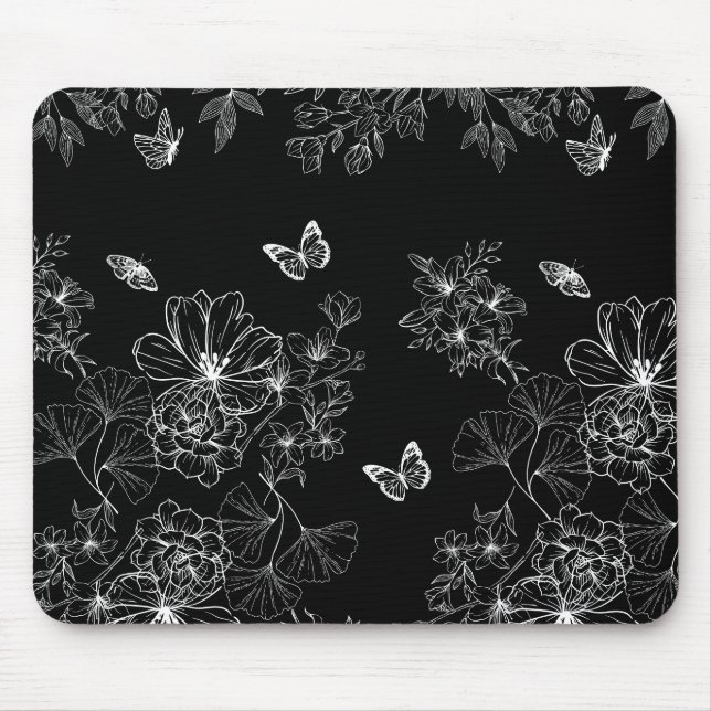 Schwarz-Weiß-Blumenmuster Minimalistisch Mousepad (Vorne)