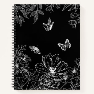 Schwarz-Weiß-Blumenmuster Minimalistisch Notizbuch