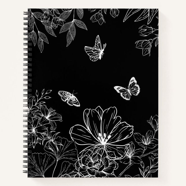 Schwarz-Weiß-Blumenmuster Minimalistisch Notizbuch (Vorderseite)