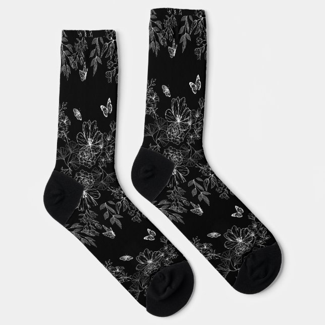 Schwarz-Weiß-Blumenmuster Minimalistisch Socken (Rechts)
