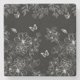 Schwarz-Weiß-Blumenmuster Minimalistisch Steinuntersetzer