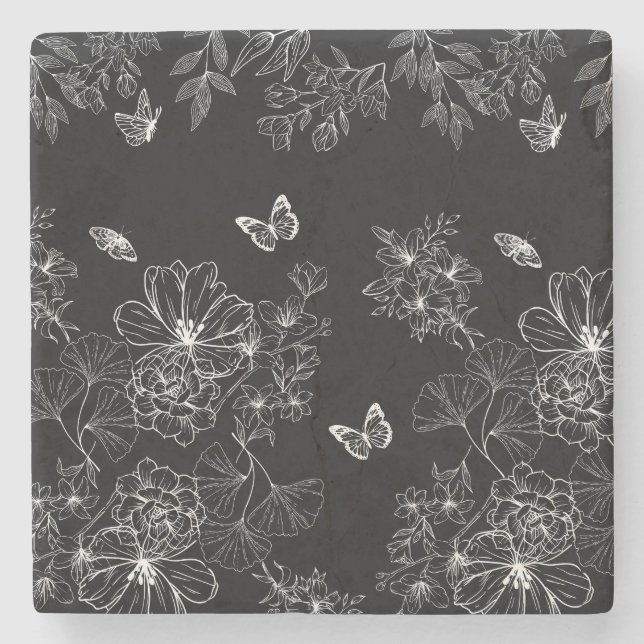 Schwarz-Weiß-Blumenmuster Minimalistisch Steinuntersetzer (Vorderseite)