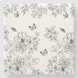 Schwarz-Weiß-Blumenmuster Minimalistisch Steinuntersetzer