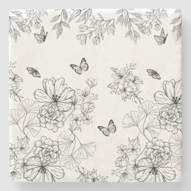 Schwarz-Weiß-Blumenmuster Minimalistisch Steinuntersetzer (Vorderseite)