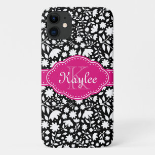 Schwarz-Weiß-Blumenmuster Pink-Monogramm Case-Mate iPhone Hülle