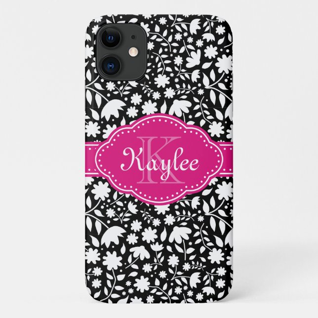 Schwarz-Weiß-Blumenmuster Pink-Monogramm Case-Mate iPhone Hülle (Rückseite)
