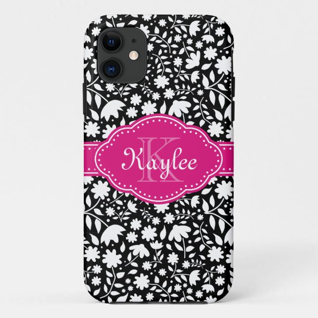 Schwarz-Weiß-Blumenmuster Pink-Monogramm Case-Mate iPhone Hülle (Rückseite)