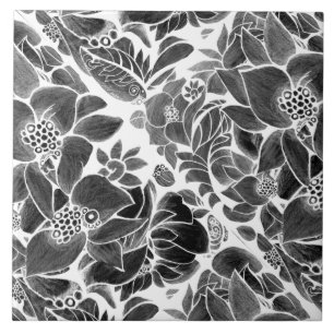 Schwarz-weiß blumenreich fliese