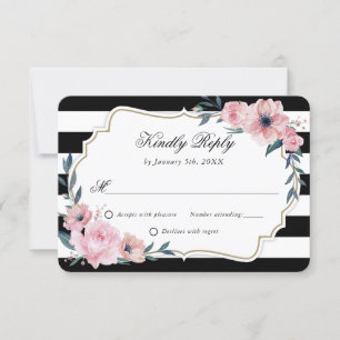 Schwarz-weiß Blush Pink Wasserfarbe Blumenzehen RSVP Karte
