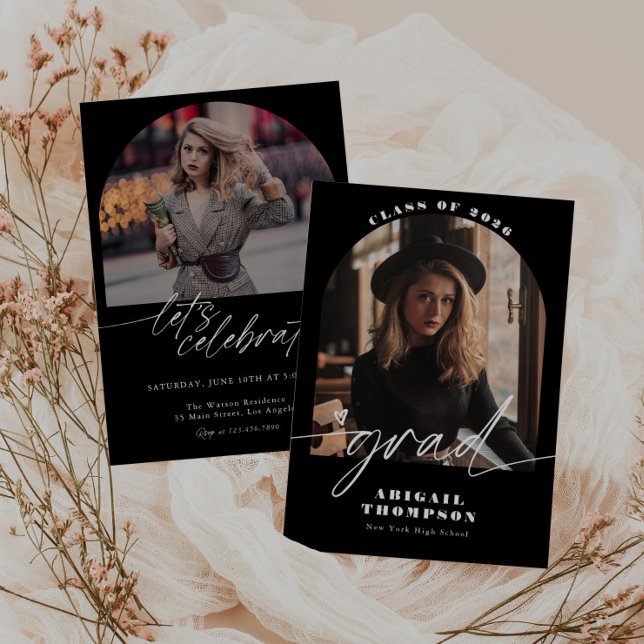 Schwarz-Weiß-Bogen-Foto-Script-Abschluss Einladung (Von Creator hochgeladen)