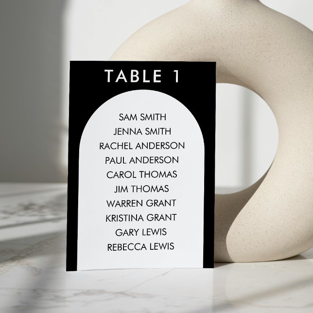 Schwarz-Weiß-Bogenschießdiagramm Tischnummer (Black & White Curved Arch Wedding Seating Chart Table Number)