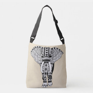 Schwarz-Weiß-Bohemische Tribal Elephant Taupe Tragetaschen Mit Langen Trägern
