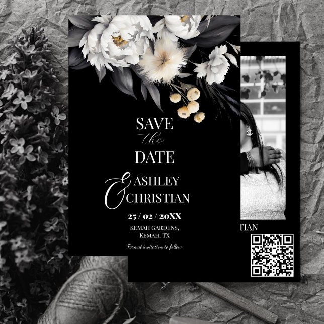 Schwarz-Weiß-Boho-Fotovorlage Save The Date (Black and white elegant boho editable photo template save the date modern qr details save the date)