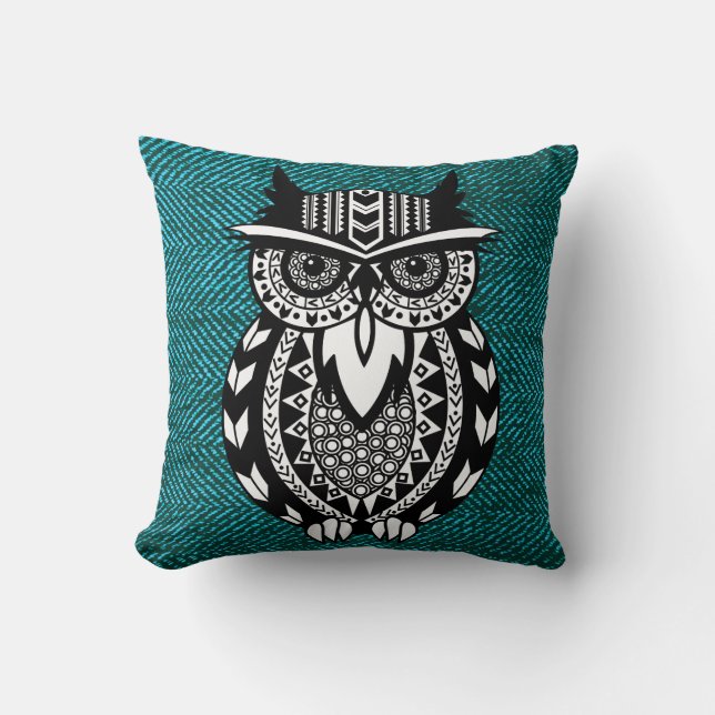 Schwarz-weiß Boho Owl Geometric Aquamarin Herringb Kissen (Vorderseite)