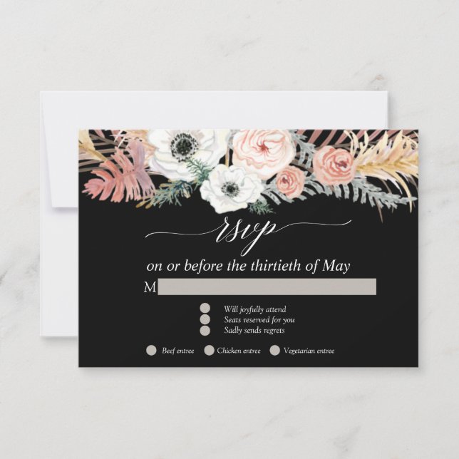 Schwarz-weiß Boho Pampas Grass Tropical Floral UAW RSVP Karte (Vorderseite)