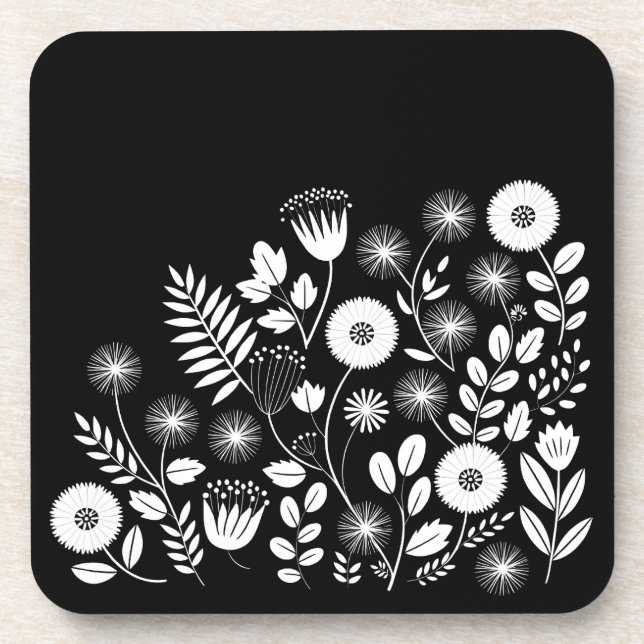 Schwarz-Weiß-Boho-Wildblume Getränkeuntersetzer (Vorderseite)