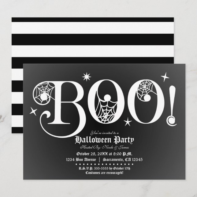 Schwarz & Weiß BOO Elegantes Halloween-Party Einladung (Vorne/Hinten)