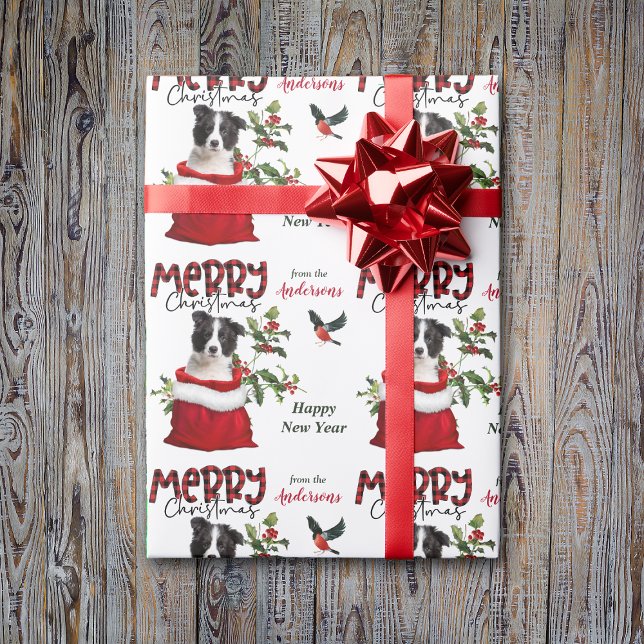 Schwarz-weiß Border Collie Welppy Weihnachtsgesche Geschenkpapier (Von Creator hochgeladen)