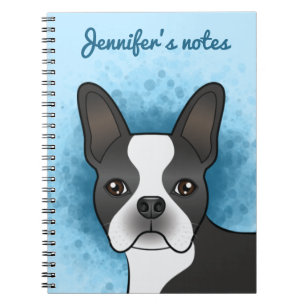 Schwarz-Weiß Boston Terrier Cartoon Hund auf blau Notizblock