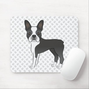 Schwarz-Weiß-Boston-Terrier-Cartoon-Hund & Pfoten Mousepad