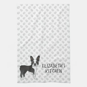 Schwarz-Weiß-Boston-Terrier-Cartoon-Hund & Text Geschirrtuch