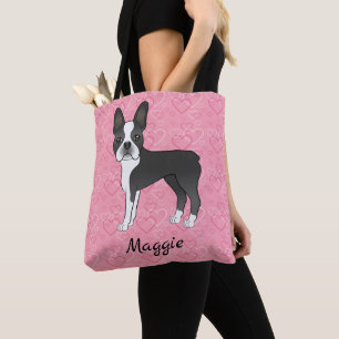 Schwarz-Weiß-Boston-Terrier-Hund auf rosa Herzen