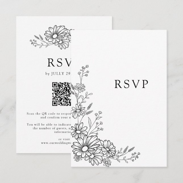 Schwarz-weiß Botanische Daisy QR-Code-Hochzeit RSVP Karte (Vorne/Hinten)