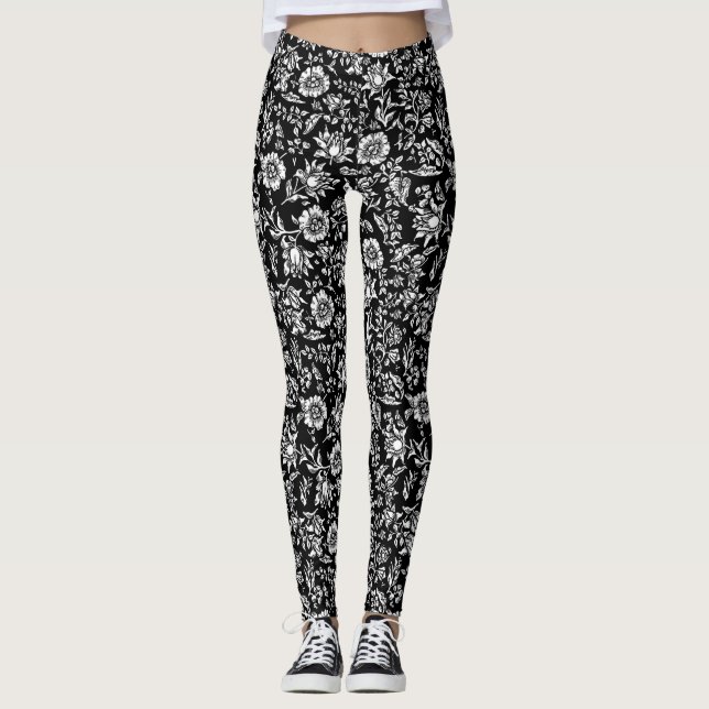 Schwarz-Weiß-botanischer Hintergrund Leggings (Vorderseite)
