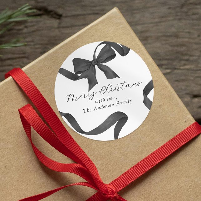 Schwarz-weiß Bow Frohe Weihnachten Runder Aufkleber (Von Creator hochgeladen)