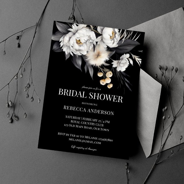 Schwarz-Weiß-Brautparty Einladung (Black and white moody elegant boho flowers bridal shower  template invitation digital download )