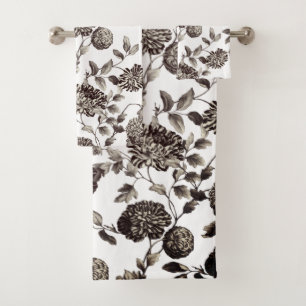 Schwarz-Weiß-Bronze-Ton Vintag Botanische Flora Badhandtuch Set