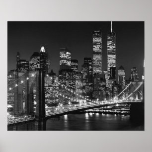 Schwarz-weiß Brooklyn Bridge New York Night Poster