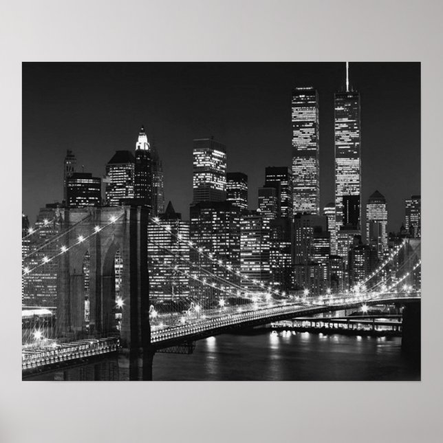 Schwarz-weiß Brooklyn Bridge New York Night Poster (Vorne)